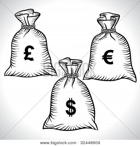 ถุงเงินดอลลาร์ ยูโร และปอนด์ เวกเตอร์