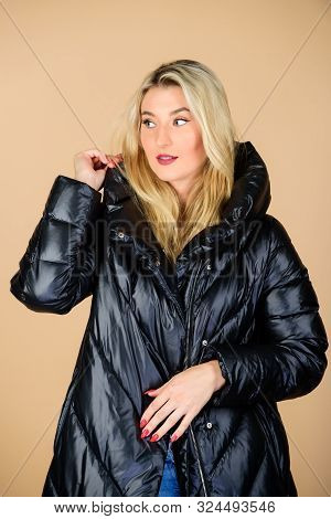 Her Perfect Style. Woman In Padded Warm Coat. Happy Winter Holiday. Xmas Coming. Beauty In Winter Cl