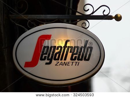 Bucharest, Romania - February 05, 2019: A Segafredo Logo Is Seen On A Street In Downtown Bucharest. 