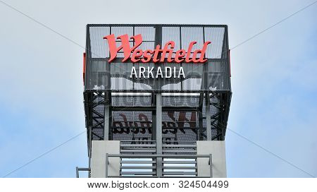 Warsaw, Poland. 27 September 2019. Sign Westfield Arkadia. Company Signboard Westfield Arkadia.