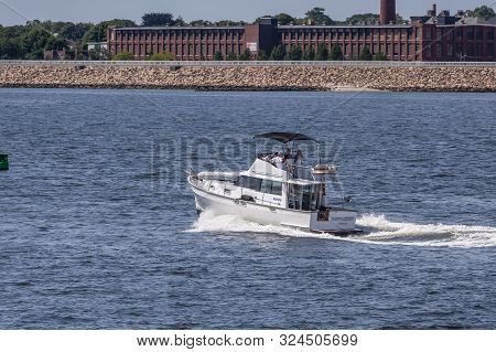 New Bedford, Massachusetts, Usa - July 27, 2019: Motor Yacht Pappys Retreat, Hailing Port Plymouth, 