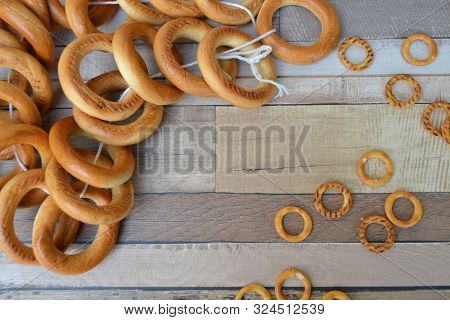 Bagel And Russian Roll Bublik On Wooden Shabby Background.