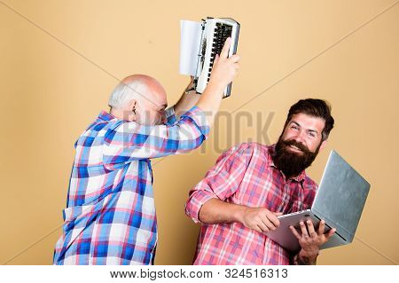 Battle Time. Retro Typewriter Vs Laptop. New Technology. Technology Battle. Modern Life. Father And 