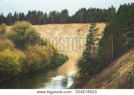 Scenic Autumn Winding Valley Hoper River. Picturesque Nature Floodplain, Sandy Cliff Edge Background
