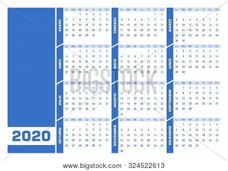 Blue 2020 Spanish Calendar. Printable Landscape Version