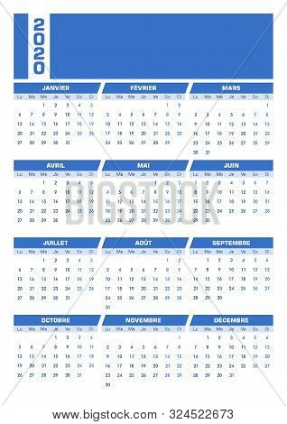 Blue 2020 French Calendar. Printable Portrait Version