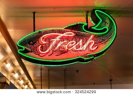 Seattle, United States: October 5, 2018: Fresh Fish Neon Sign