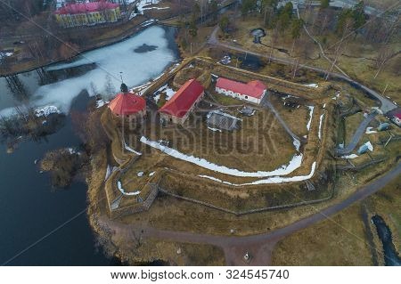 Top View Of The Ancient Korela Fortress On An April Cloudy Day (aerial Photography). Priozersk, Russ