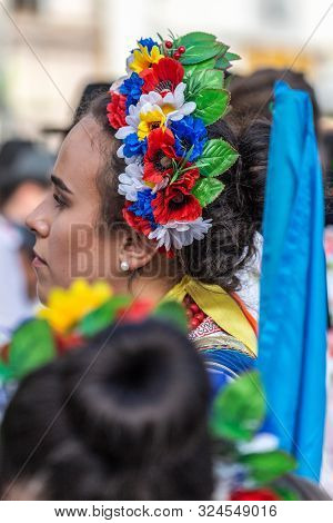 Timisoara, Romania - September 22, 2019: Portrait And Detail Of The Ukrainian Folk Costume From Bana