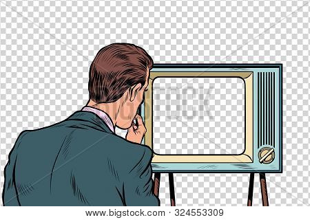Male Viewer Watching Tv. Television Propaganda, Film And News. Pop Art Retro Vector Illustration Dra