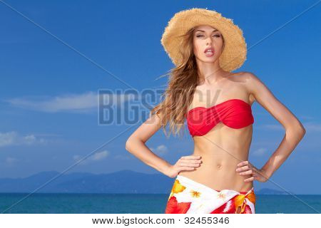 Smukke blonde med attitude i en bikini med en oceaniske ø i baggrunden
