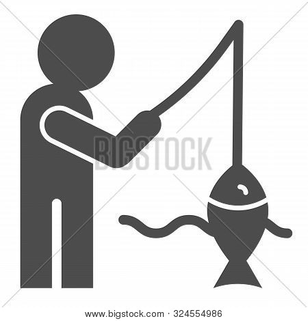 Fisheman And Catch Solid Icon. Fishing On The River Vector Illustration Isolated On White. Man With 