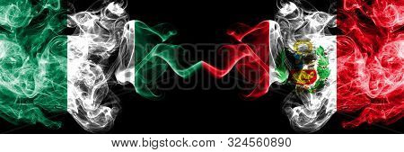 Nigeria Vs Peru, Peruan Abstract Smoky Mystic Flags Placed Side By Side. Thick Colored Silky Smoke F