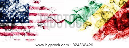 United States Of America Vs Congo, Congolese Smoky Mystic Flags Placed Side By Side. Thick Colored S