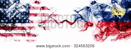 United States Of America Vs Liechtenstein, Liechtensteins Smoky Mystic Flags Placed Side By Side. Th