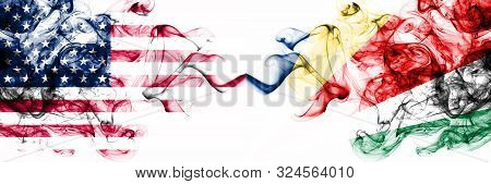 United States Of America Vs Seychelles, Seychelloise Smoky Mystic Flags Placed Side By Side. Thick C