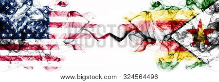 United States Of America Vs Zimbabwe, Zimbabwean Smoky Mystic Flags Placed Side By Side. Thick Color