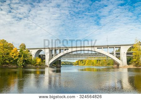 Kouvola, Finland - 25 September, 2019: Autumn Landscape Of Bridge And Kymijoki River Waters In Finla