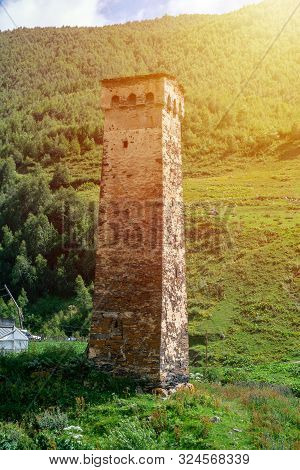 Traditional Ancient Svan Towers In Ushguli Village, Svaneti, Caucasus. Georgia. Travel.