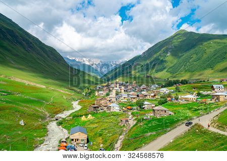 View Of The Ushguli Village At The Foot Of Mt. Shkhara. Picturesque And Gorgeous Scene. Rock Towers