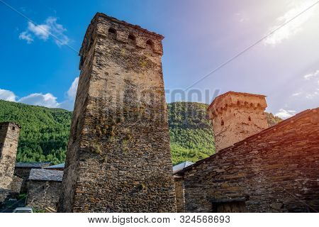 Traditional Ancient Svan Towers In Ushguli Village, Svaneti, Caucasus. Georgia. Travel.