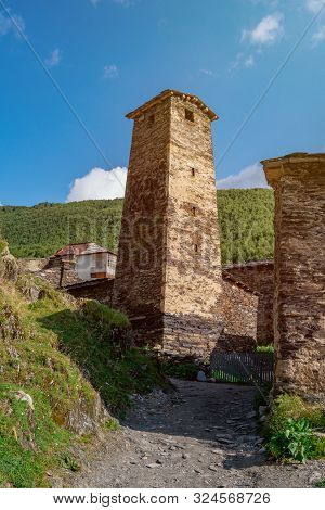 Traditional Ancient Svan Towers In Ushguli Village, Svaneti, Caucasus. Georgia. Travel.