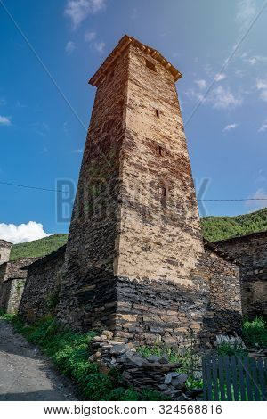 Traditional Ancient Svan Towers In Ushguli Village, Svaneti, Caucasus. Georgia. Travel.