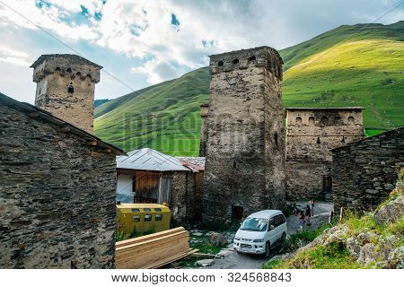 Traditional Ancient Svan Towers In Ushguli Village, Svaneti, Caucasus. Georgia. Travel.