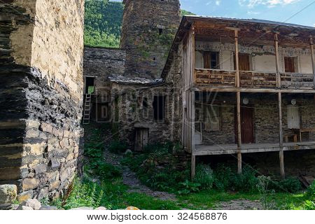Traditional Ancient Svan Towers In Ushguli Village, Svaneti, Caucasus. Georgia. Travel.