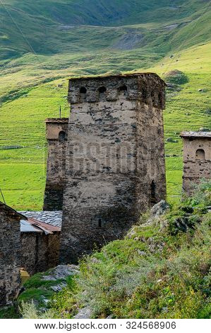 Traditional Ancient Svan Towers In Ushguli Village, Svaneti, Caucasus. Georgia. Travel.