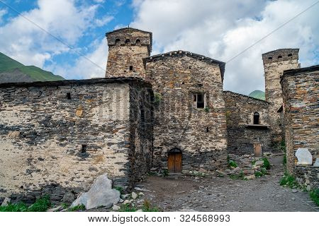 Traditional Ancient Svan Towers In Ushguli Village, Svaneti, Caucasus. Georgia. Travel.