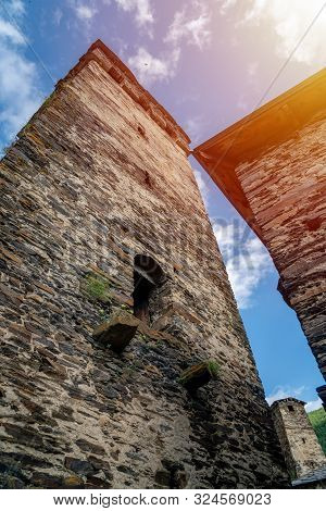 Traditional Ancient Svan Towers In Ushguli Village, Svaneti, Caucasus. Georgia. Travel.