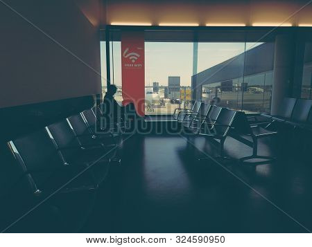 Vienna Schwechat, Austria. September 2019: Commuters At The Airport Departures Lounge And Passengers