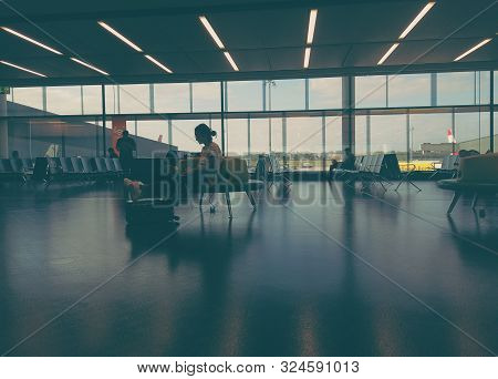 Vienna Schwechat, Austria. September 2019: Commuters At The Airport Departures Lounge And Passengers