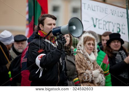 Vilnius, Lithuania - Mar 11: Speaker Chanting Slogans. Thousand People Gathered In A Controversial N
