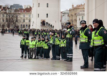 Vilnius, Lithuania - Mar 11: Around 200 Police Officers Ensured Safety During The Nationalist Rally 