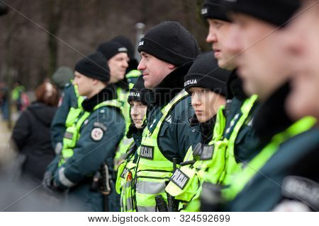 Vilnius, Lithuania - Mar 11: Around 200 Police Officers Ensured Safety During The Nationalist Rally 
