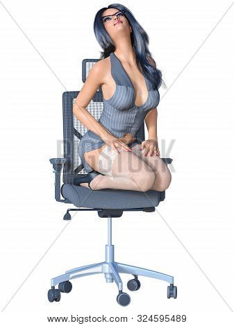 Long-haired Brunette Secretary In White Stocking.
