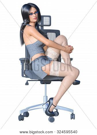 Long-haired Brunette Secretary In White Stocking.