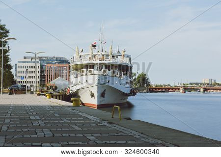 Left Bank Of The Oder River In Szczecin With The Maritime Museum And The Terraces With A Part Of Gro