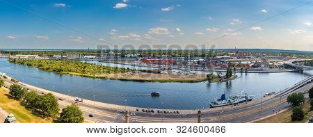 Left Bank Of The Oder River In Szczecin With The Maritime Museum And The Terraces With A Part Of Gro