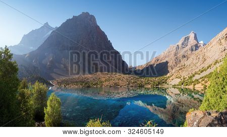 Turquoise Lakes In Fann Mountains, Tajikistan. Alaudin Lake. Pamir Alay Mountain Landscape On Clear 