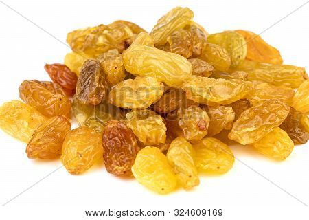 Heap Of Dilicious Sun-dried Jumbo Golden Raisins On White Plate Closed-up