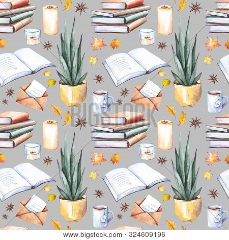 Seamless Pattern With Cozy Home Elements, Books, Candles, House Plants, Tea And Colorful Autumn Leav