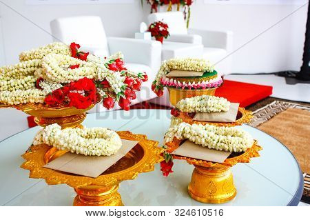 Garland On The Phan (thai Traditional Upstep Dish) On The Table And Letter Card, Prepare For Ceremon