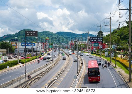 Phuket Island, Thailand - June 1, 2019:  Traffic On Chao Fah Tavan Tok Road Near Central Festival Ph