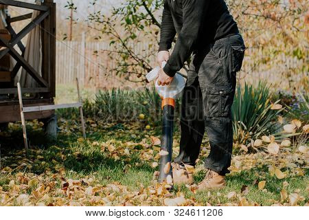 Garden Leaf Cleaning, Garden Vacuum Cleaner. Harvesting Leaves In The Garden With A Wind Blower