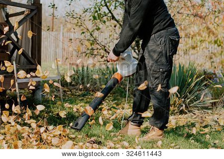 Garden Leaf Cleaning, Garden Vacuum Cleaner. Harvesting Leaves In The Garden With A Wind Blower