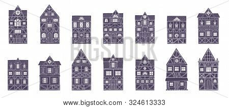 German Houses Collection, Simple Sketch Style Line Fasade Front View. Outline Silhouettes Set. Hand 