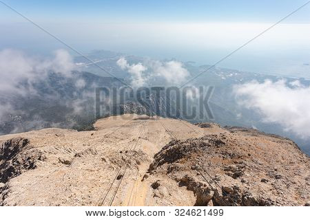 Panoramic View From The Viewpoint On Taurus Mountains And On The Coast Of Kemer With Cables Of The O